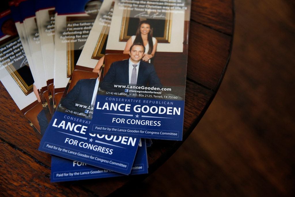 Campaign door hangers sit on a table during a campaign fundraiser for Gooden. (Rose...