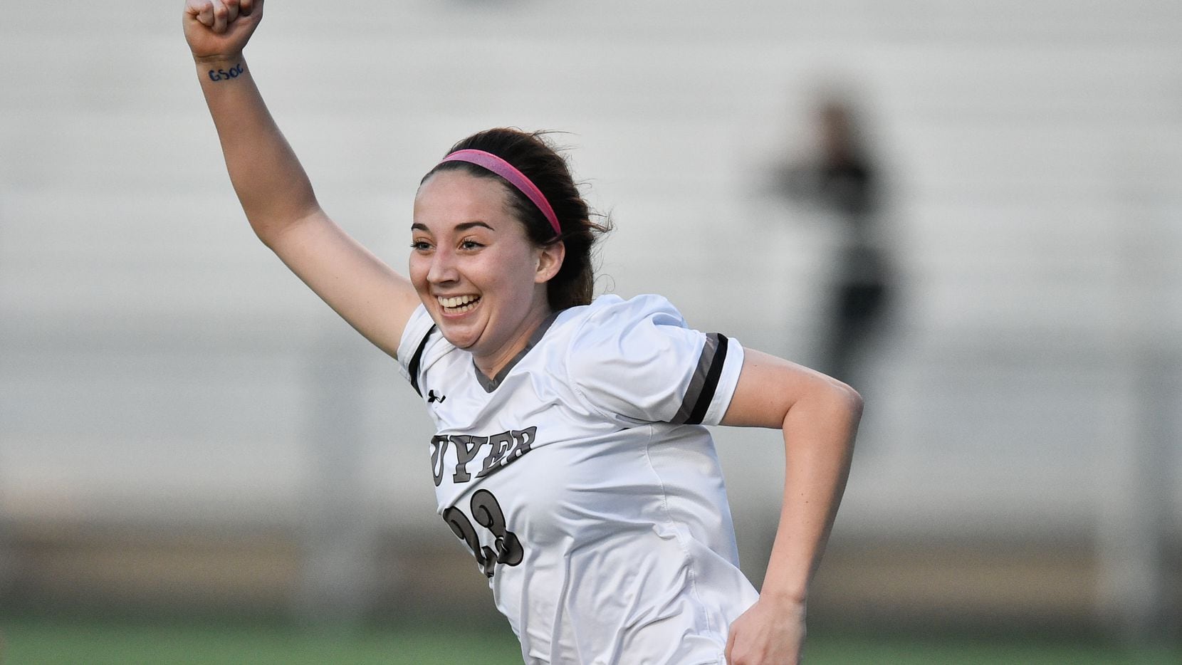 Guyer freshman forward Olivia Ramirez (23) celebrates after she scores a goal against...