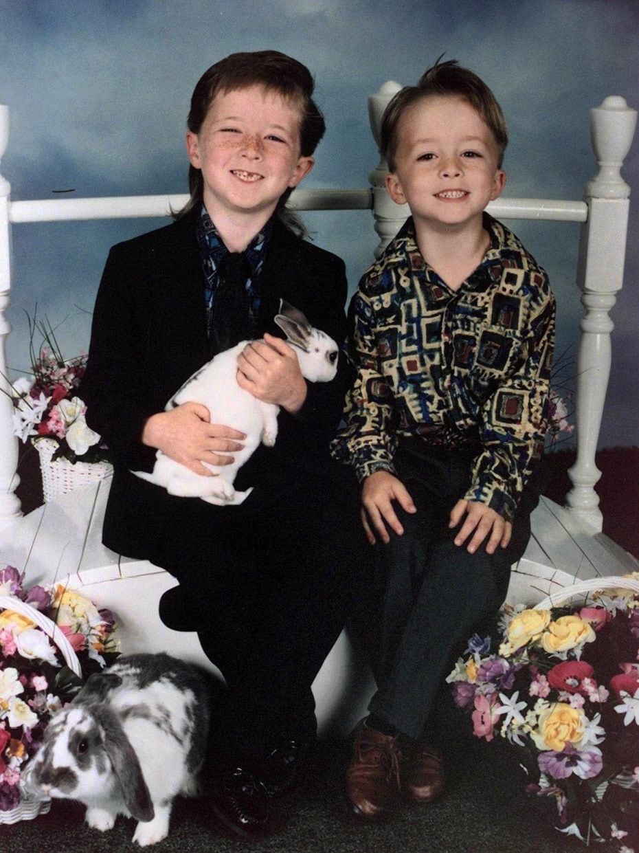 Devon Routier (left) and his brother Damon pose in a 1995 Easter photo in Rowlett. Their...