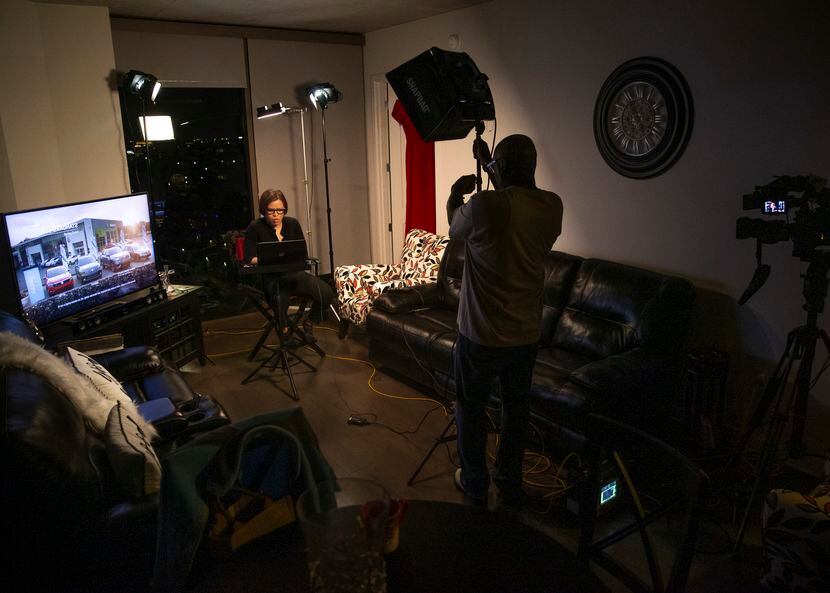 KXAS-TV (NBC5) morning anchor Laura Harris (left) prepares to broadcast live from her...