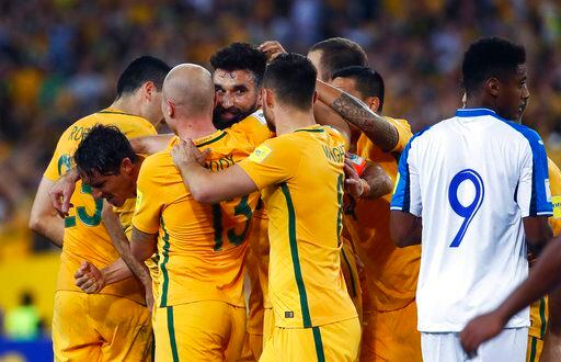 Australia festeja la clasificación al Mundial sobre Honduras en repechaje. Foto AP
