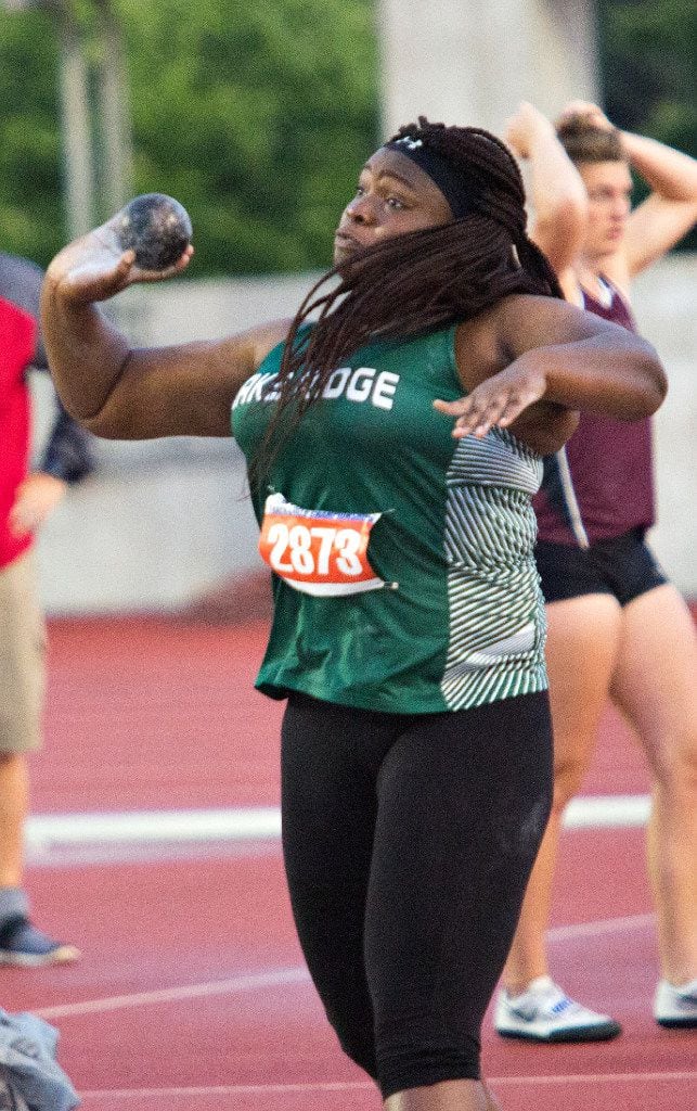Mansfield Lake Ridge's Faith Ette competes in the 5A girls shot put during the UIL state...