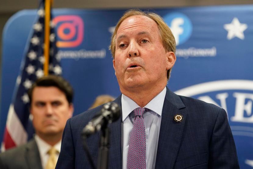 Texas Attorney General Ken Paxton makes a statement at his office in Austin, Texas, Friday,...