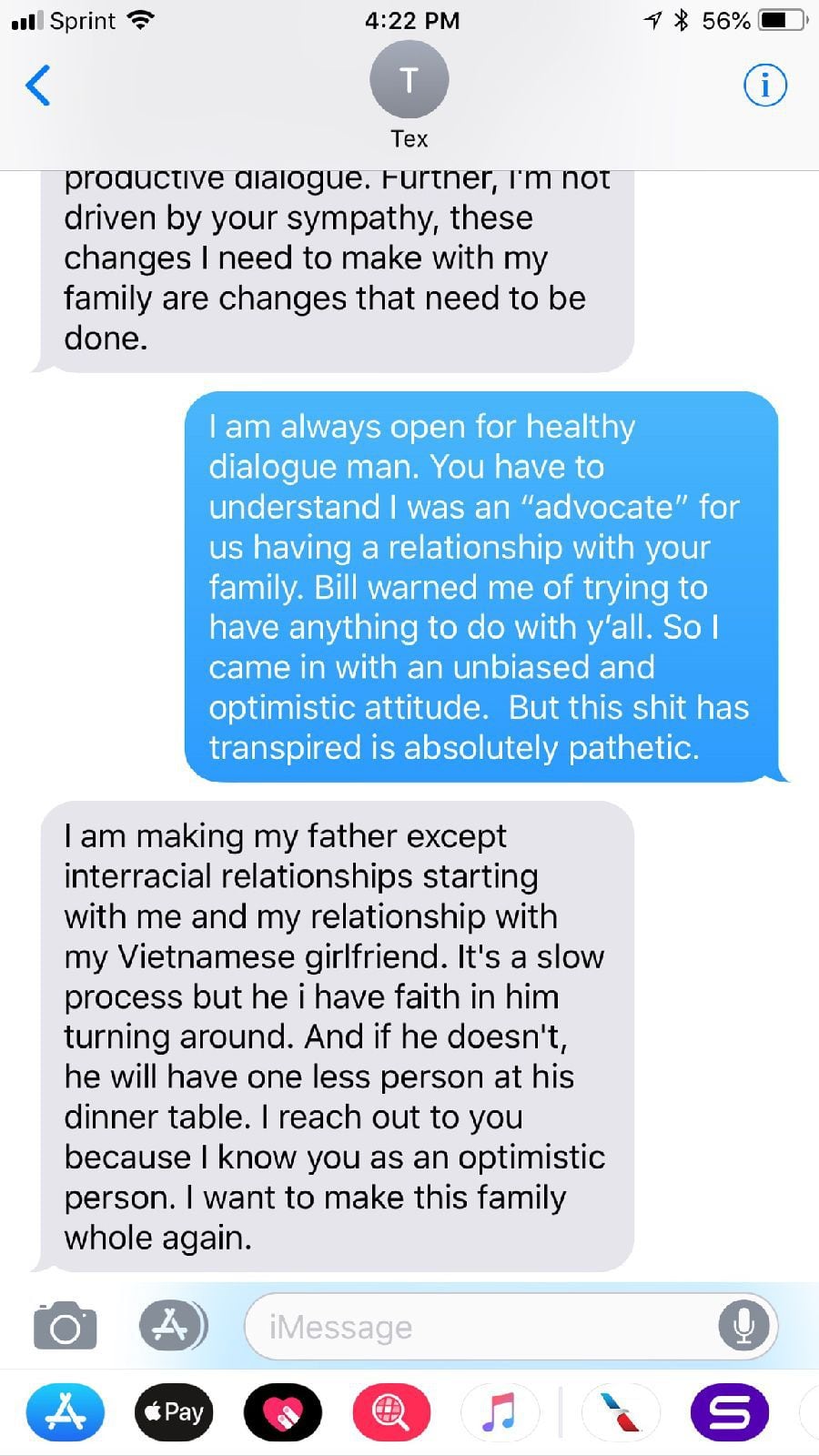 A screenshot of a text message conversation between Demonse Williams (in blue) and Vic...