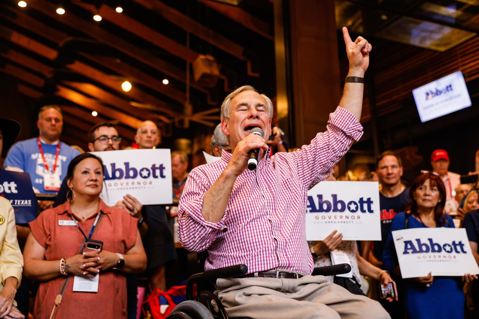 Texas Governor Greg Abbott addresses the attendees during the 2022 Republican Party of Texas...
