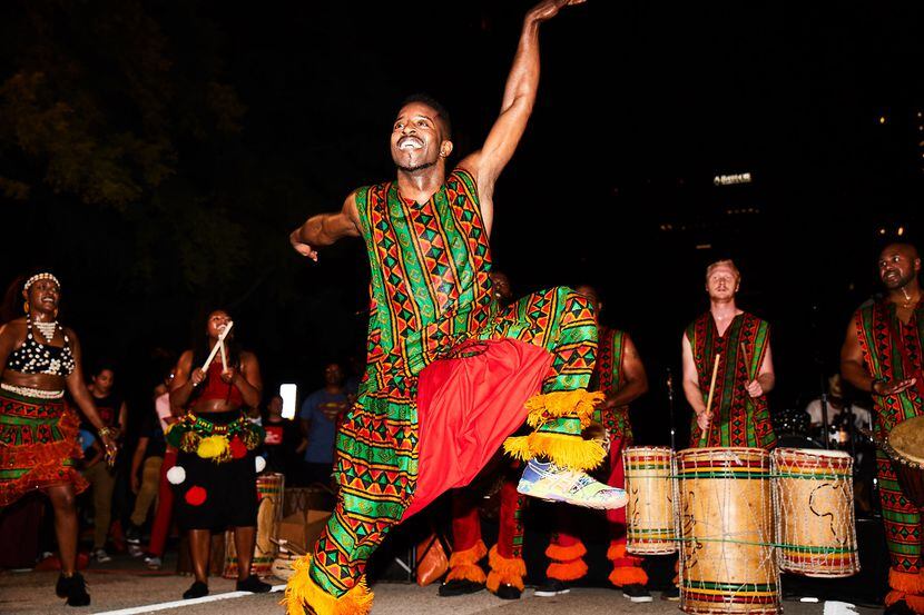 Bandan Koro African Drum and Dance Ensemble performs in the Dallas Arts District.