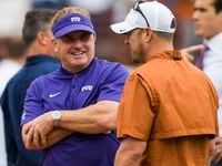 TCU Horned Frogs head coach Gary Patterson greets Texas Longhorns head coach Tom Herman before a college football game between TCU and the University of Texas on Saturday, September 22, 2018 at Darrell K Royal - Texas Memorial Stadium in Austin. (Ashley Landis/The Dallas Morning News)
