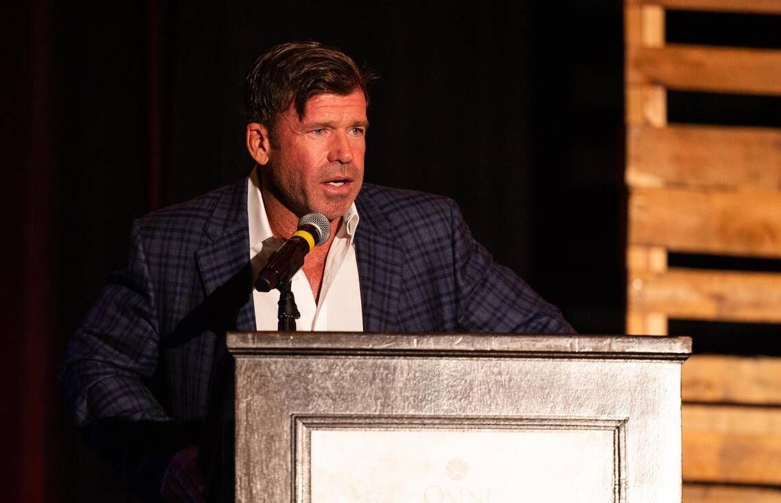 Taylor Sheridan speaks during the Child Care Associates Investors luncheon at the Omni Hotel...