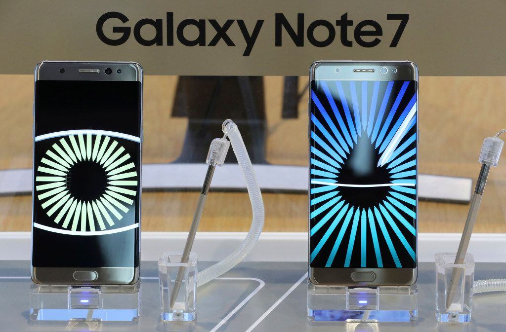 In this Tuesday, Oct. 11, 2016 photo, Samsung Electronics Galaxy Note 7 smartphones are...
