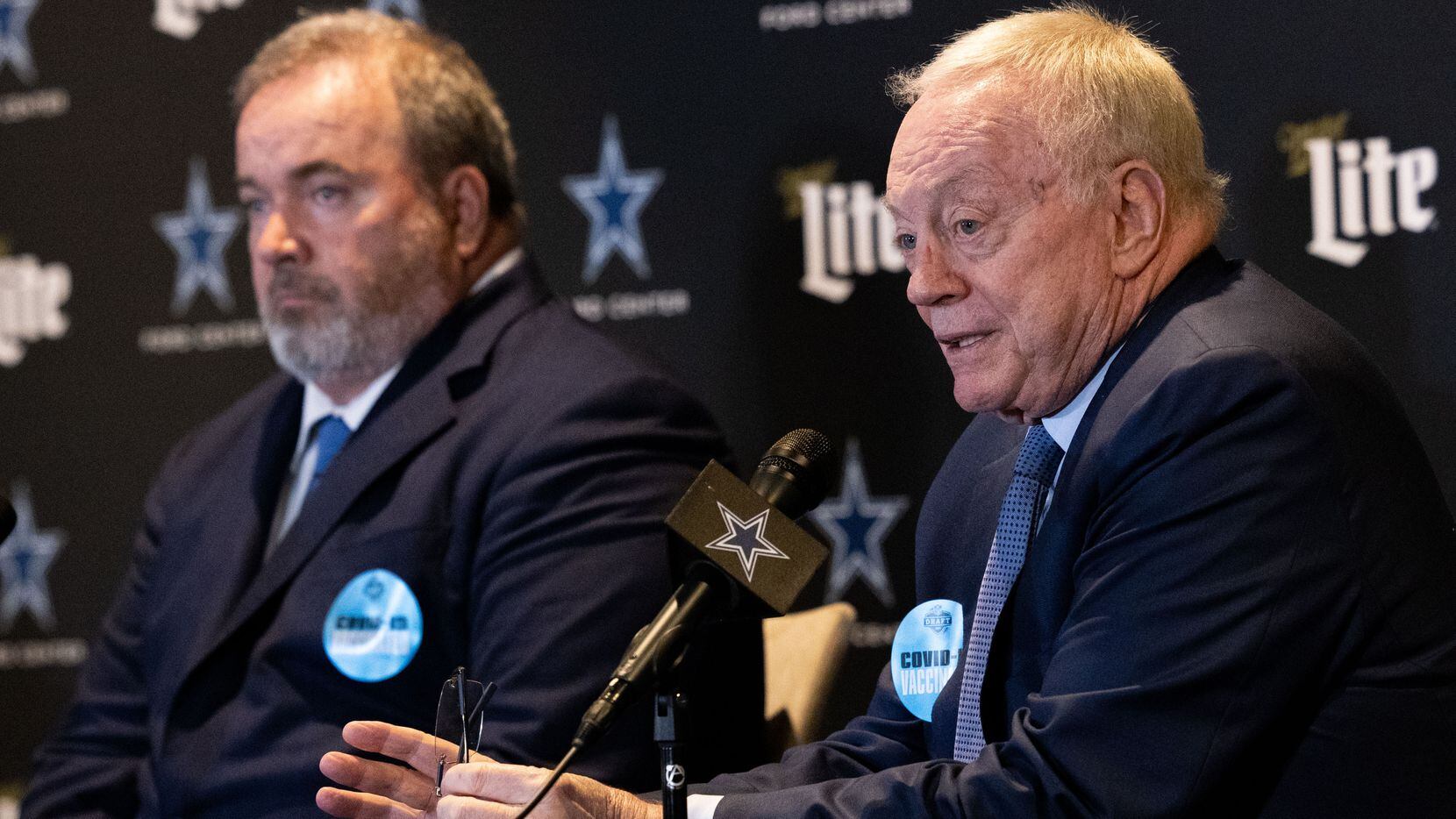 (From left) Coach Mike McCarthy and Dallas Cowboys owner Jerry Jones speak at a press conference following their decision to take Micah Parsons during the NFL draft at the Star on Thursday, April 29, 2021, in Frisco.