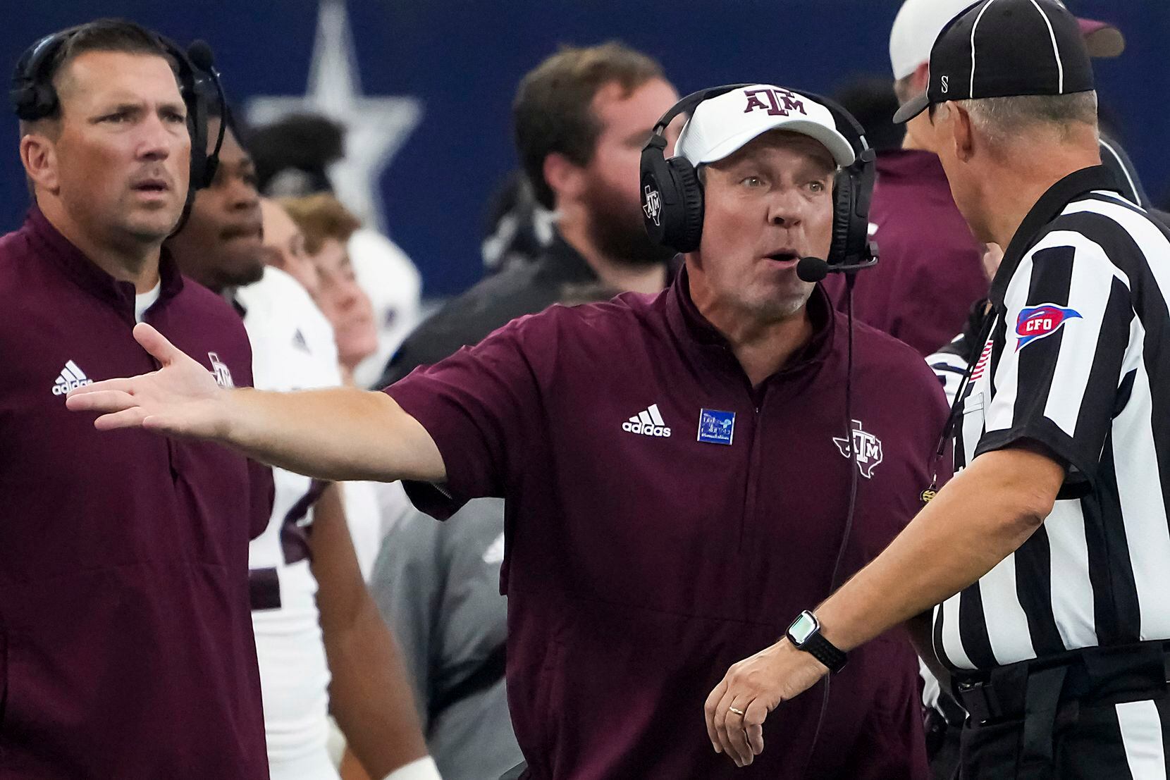Texas A&M head coach Jimbo Fisher argues for a call during the first half of an NCAA football game against Arkansas at AT&T Stadium on Saturday, Sept. 25, 2021, in Arlington. 
