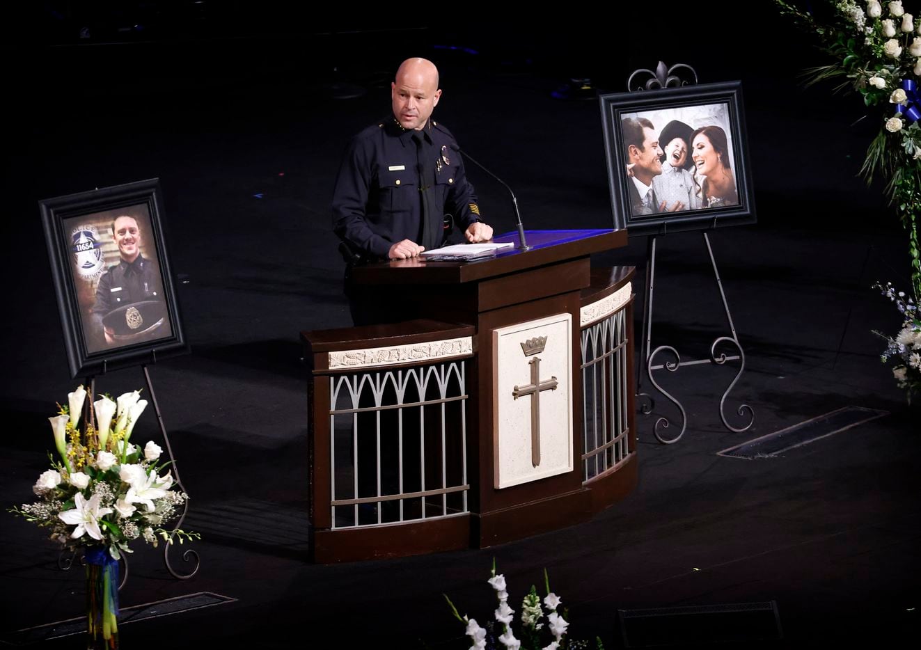 Dallas Police Chief Eddie Garcia addresses the congregation during the funeral service for Dallas Police officer Mitchell Penton at Prestonwood Baptist Church in Plano, Monday, February 22, 2021. Penton was killed Saturday, Feb. 13, 2021, in a crash involving a drunk driving suspect. (Tom Fox/The Dallas Morning News)