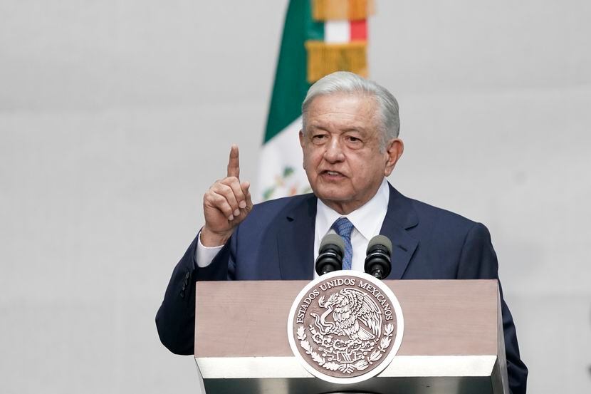 Mexico's President Andres Manuel Lopez Obrador speaks during a rally marking his fifth...