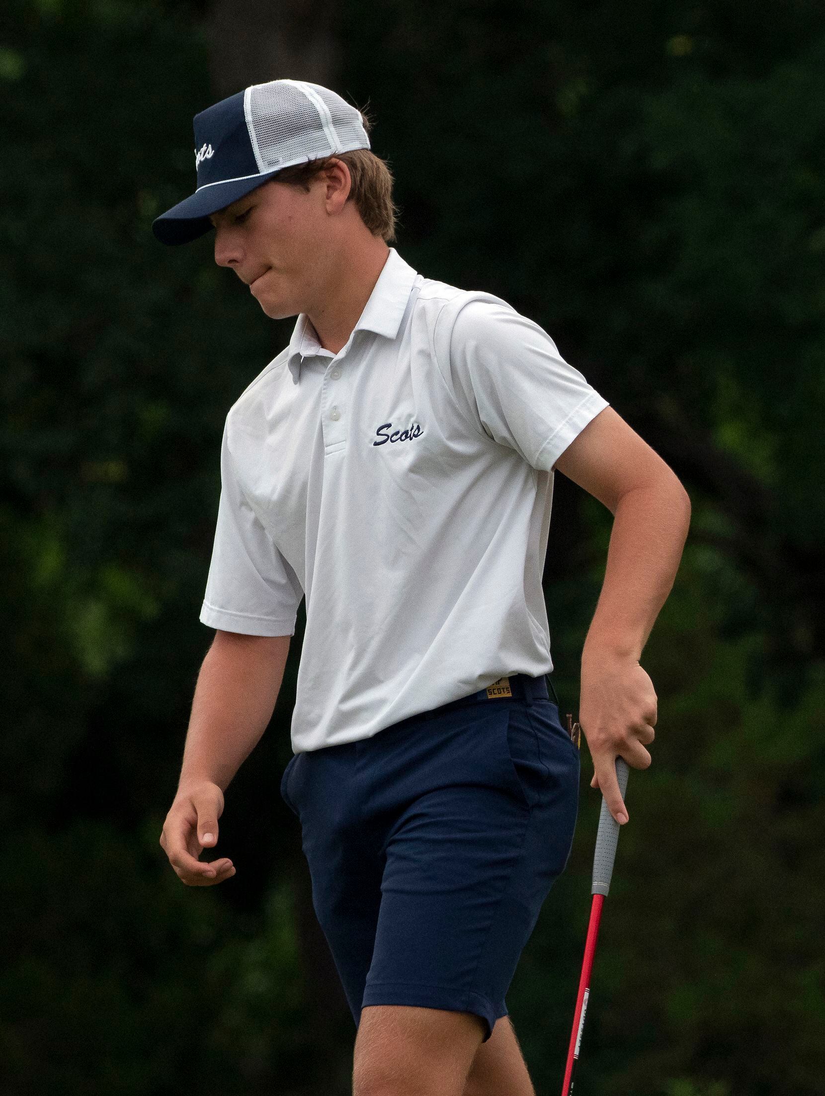 Highland Park gold Blake Goodnight, reacts to missing a putt on the no.1 green during the...