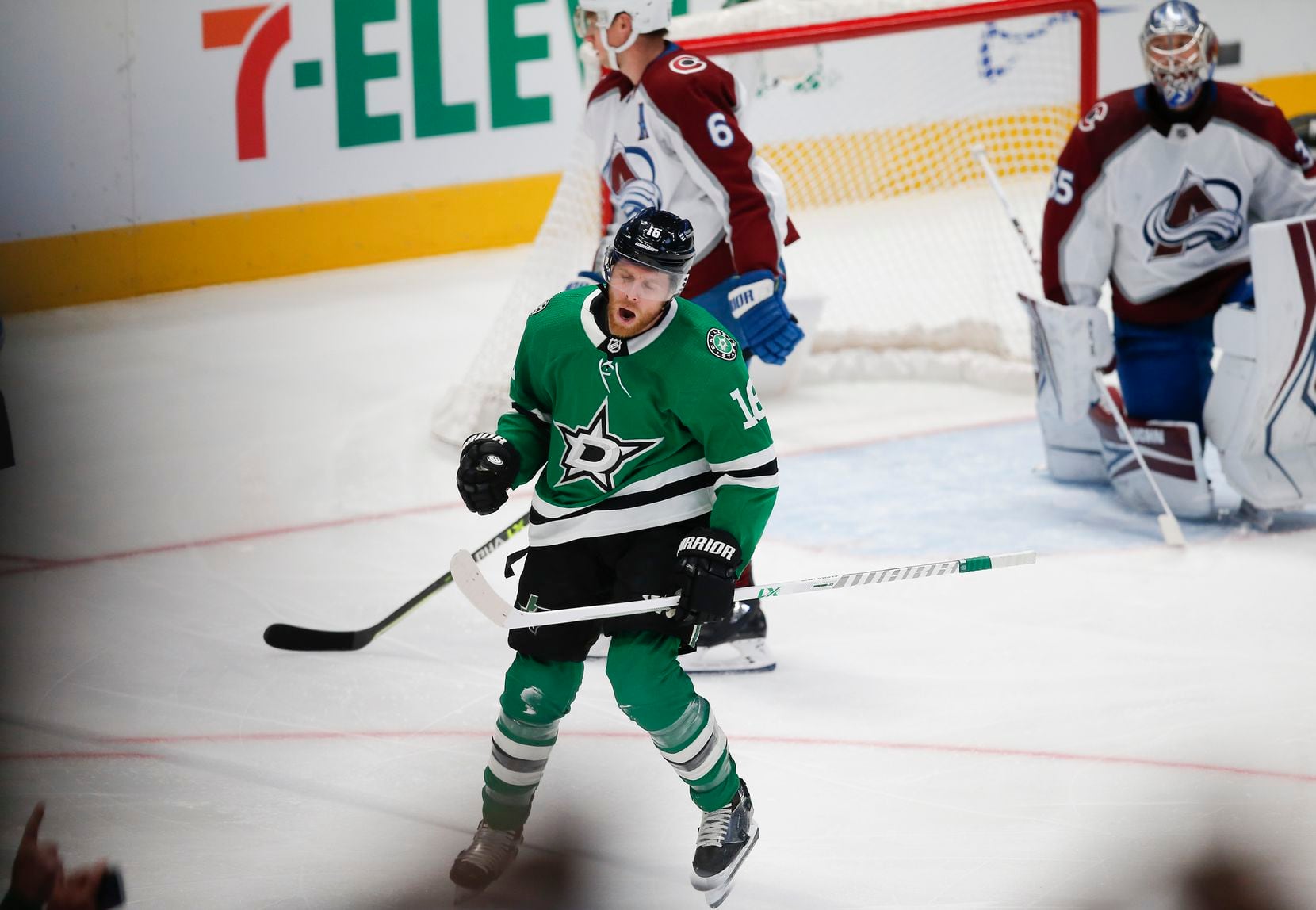 Dallas Stars forward Joe Pavelski (16) celebrates scoring his second goal of the game during the first period of an NHL hockey game against the Colorado Avalanche in Dallas, Friday, November 26, 2021. (Brandon Wade/Special Contributor)