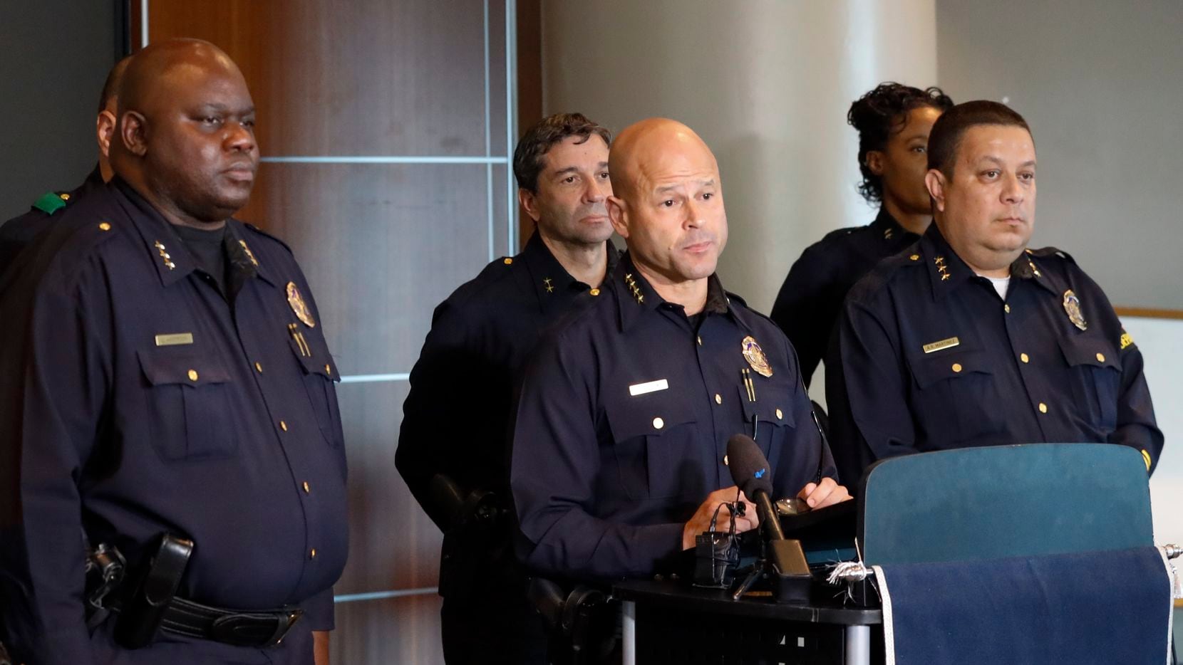 Dallas police Chief Eddie García listens to a question about the shooting involving Officer...