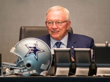 Dallas Cowboys owner Jerry Jones looks at the video board in the war room during round one of the NFL draft on Thursday, April 27, 2017 at The Star in Frisco, Texas.