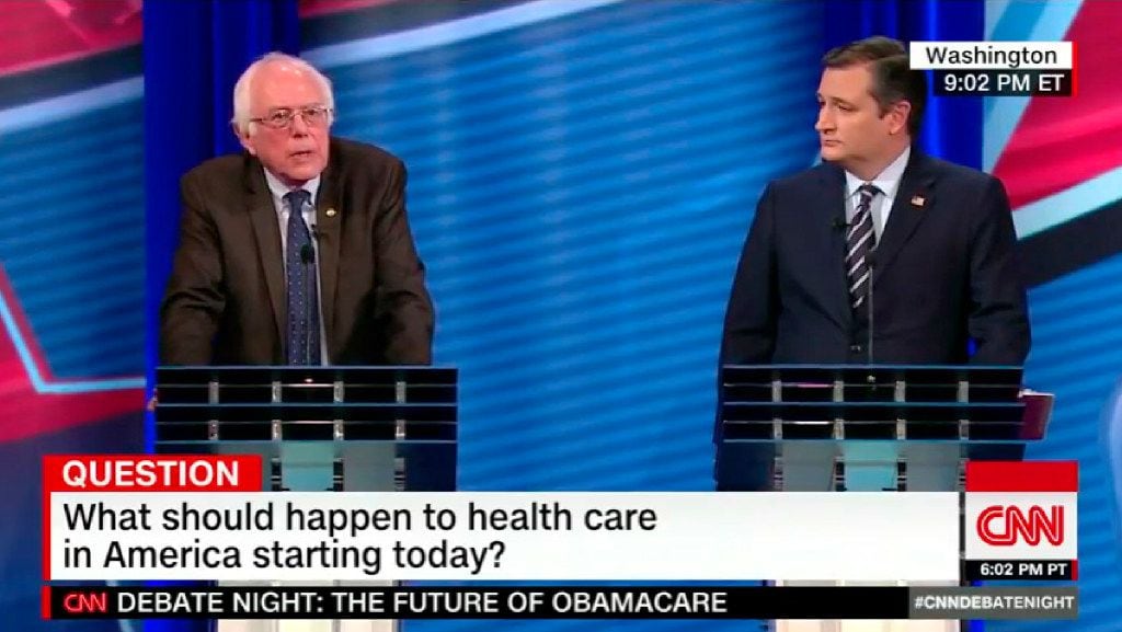 Frame grab from CNN health care debate on Feb. 7, 2017, between Sens. Bernie Sanders and Ted...