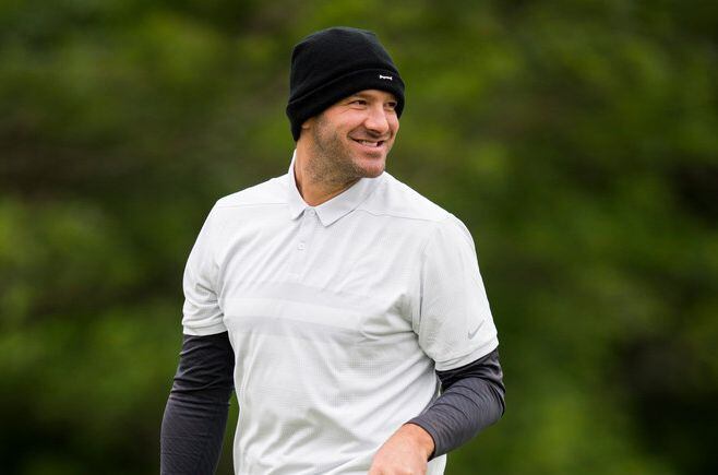 Tony Romo smiles at fans after sinking the 17th hole during round 2 of the Bryon Nelson golf tournament on Thursday, May 9, 2019 at Trinity Forest Golf Club in Dallas.