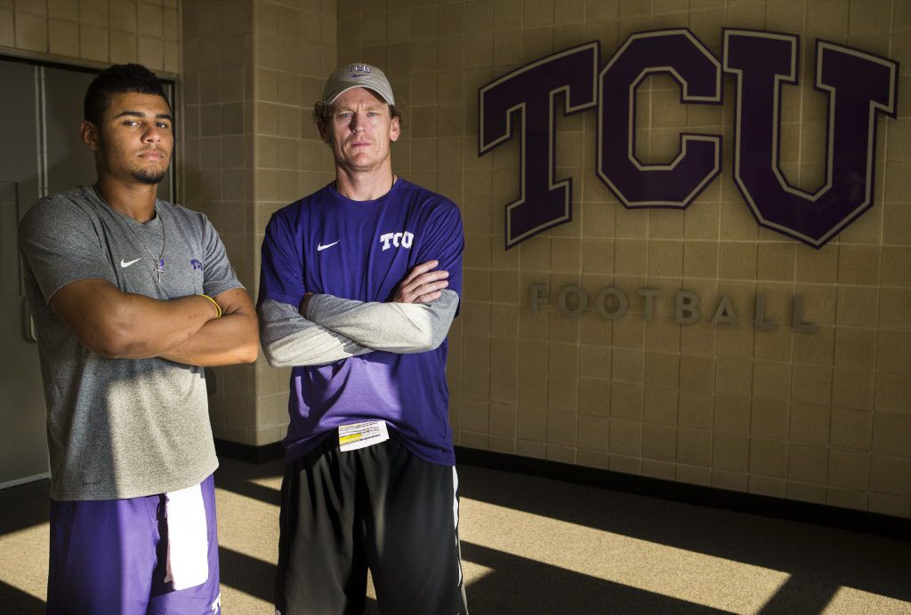 Texas Christian University quarterback Kenny Hill (left) and offensive coordinator Sonny...