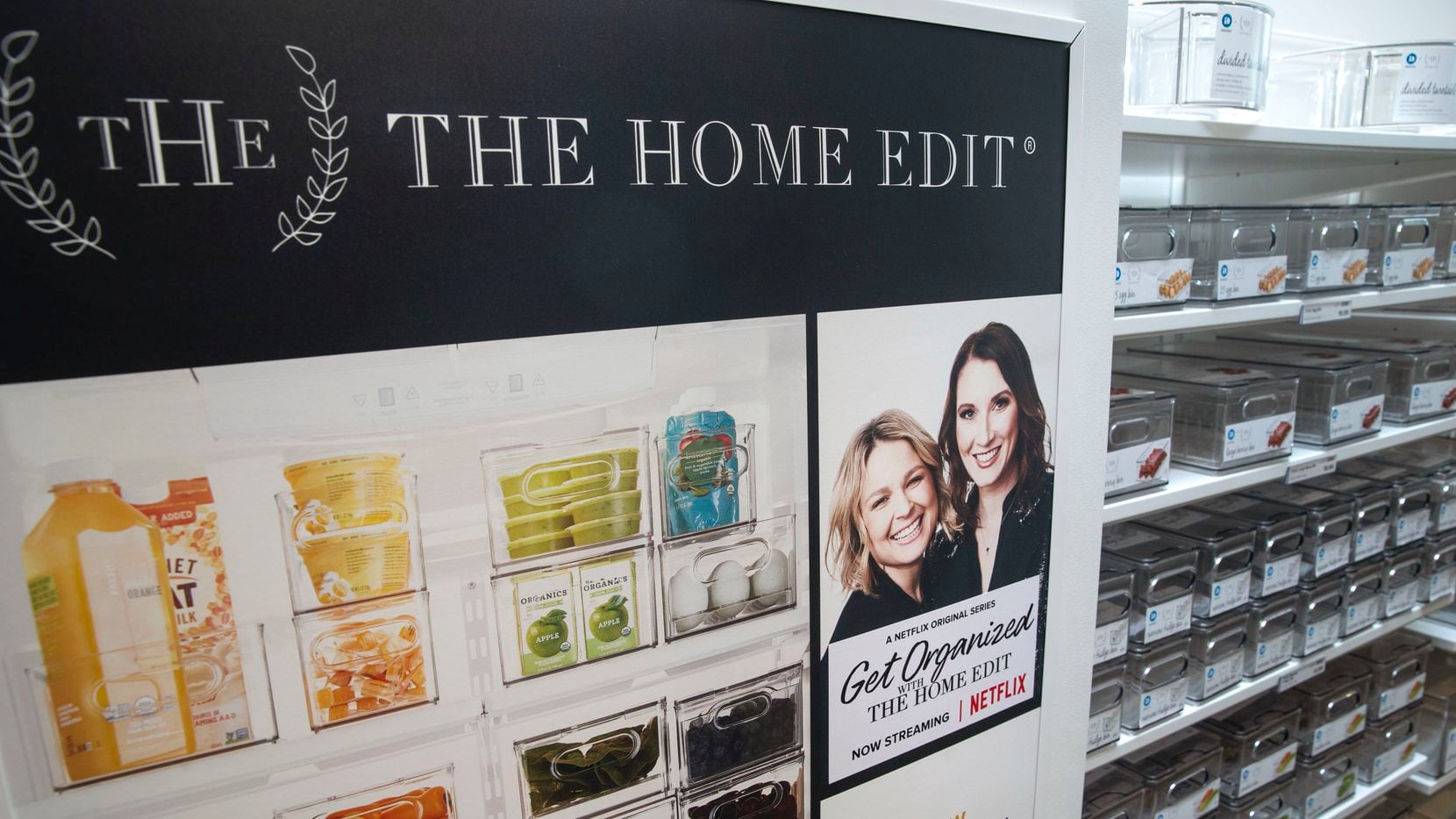 A display showcases the new collection of organizer bins designed by The Home Edit at The Container Store in Far North Dallas. The popular organizing duo behind The Home Edit, Joanna Teplin and Clea Shearer, also have a new show streaming on Netflix.