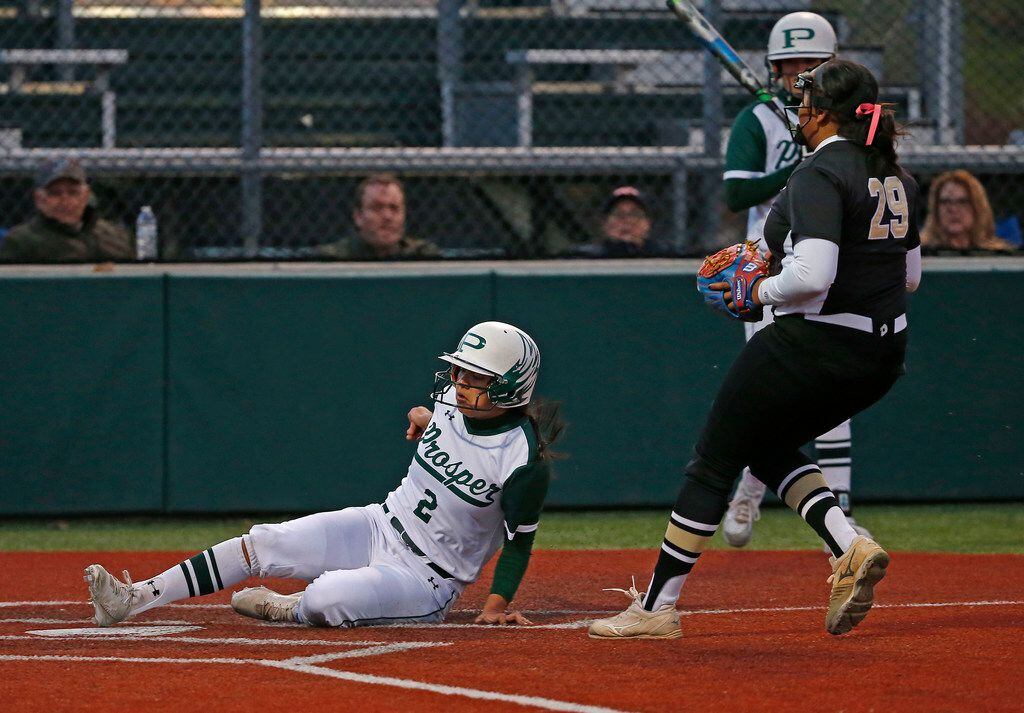 Prosper's Alyssa Gonzalez (2) scores a run on a wild pitch during Tuesday's 9-5 win over The Colony. (Jae S. Lee/The Dallas Morning News)
