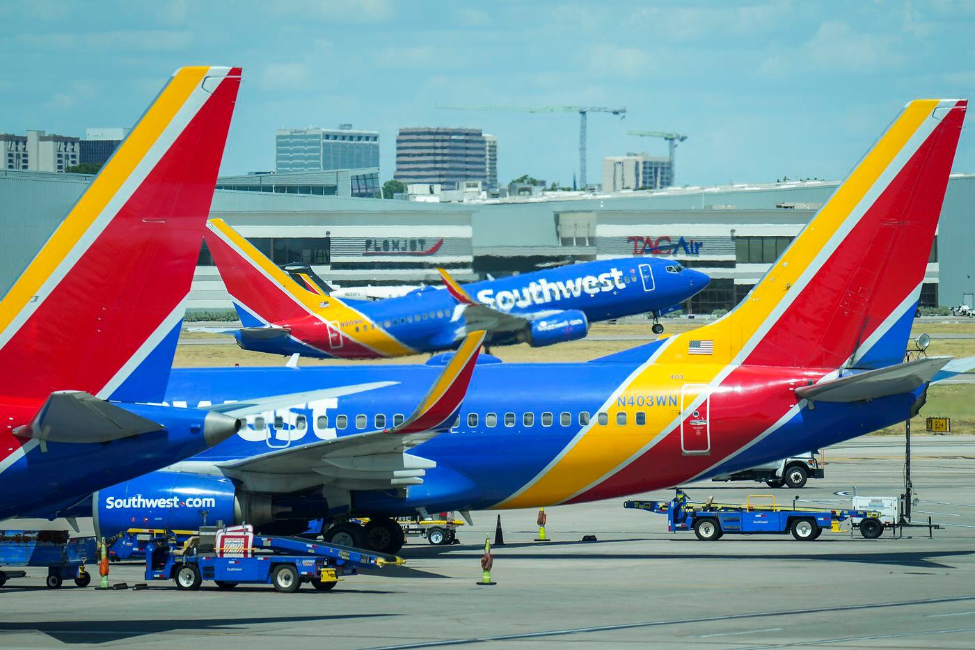 A Southwest Airlines plane takes off after flights resumed at Dallas Love Field Airport on...