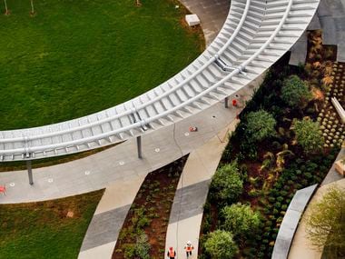 An overhead view of Pacific Plaza shows The Pavilion, a floating 95-by-138-foot ovoid...