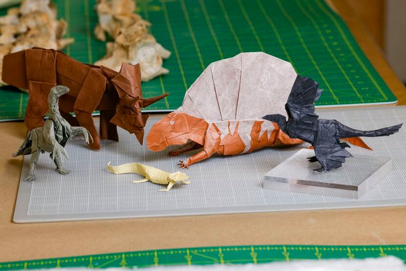 Dinosaur origami figures made by Travis Nolan, an SMU paleontology student, photographed in...