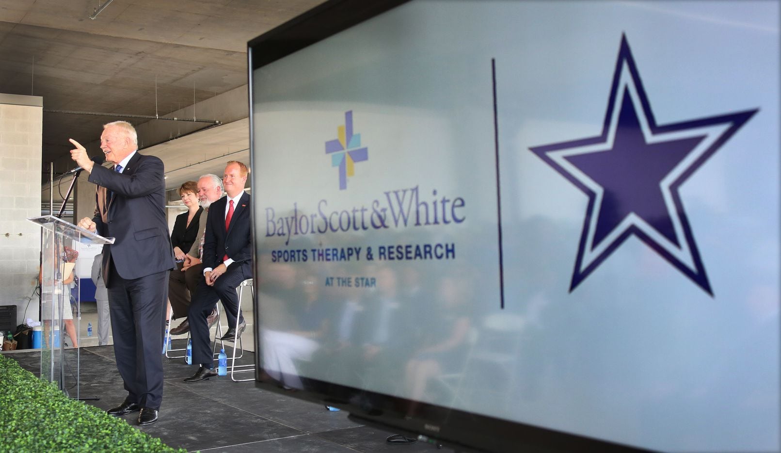 Dallas Cowboys owner Jerry Jones talks during a ceremony to celebrate the topping off of the Baylor Scott & White Sports Therapy & Research building under construction at The Star in Frisco on July 18, 2017.