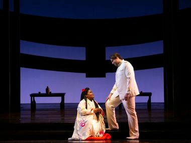 Latonia Moore as Cio-Cio-San (left) and Evan LeRoy Johnson as Lt. Pinkerton 
perform in a...