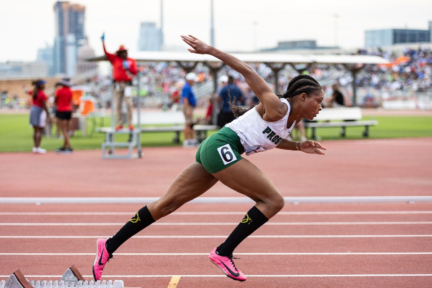 Lauren Lewis of Prosper races in the girls’ 400-meter dash at the UIL Track & Field State...