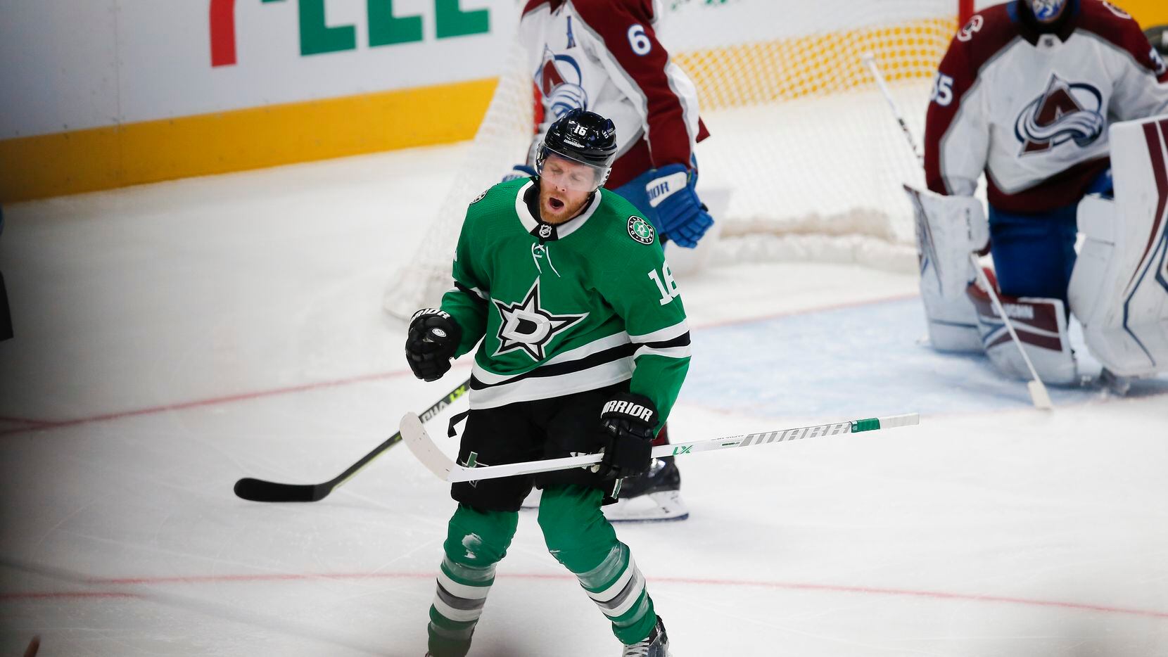 Dallas Stars forward Joe Pavelski (16) celebrates scoring his second goal of the game during the first period of an NHL hockey game against the Colorado Avalanche in Dallas, Friday, November 26, 2021. (Brandon Wade/Special Contributor)