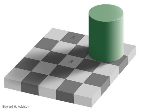 The infamous Adelson checker shadow illusion.