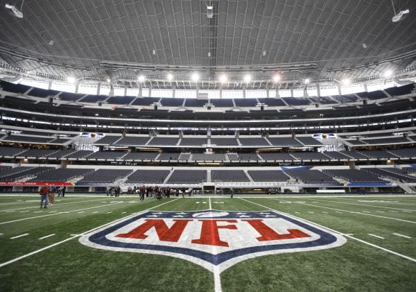 The NFL logo, painted at mid field on January  27,  2011 at Cowboys Stadium in Arlington.