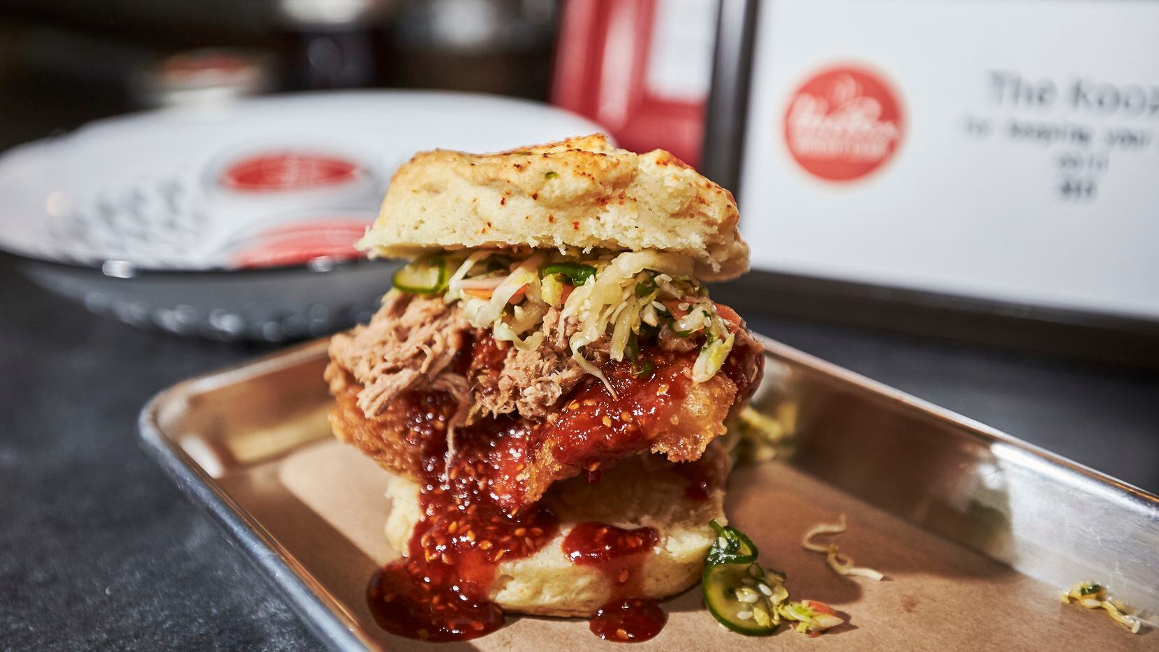 "Hot Box in Tokyo," asian fried chicken, gochujang glaze, pulled pork and asian slaw, during...