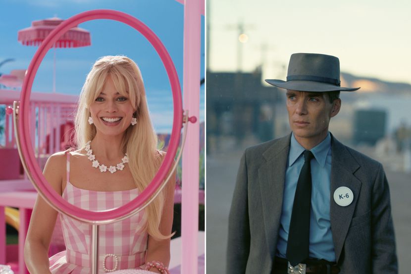 This combination of images shows Margot Robbie in a scene from "Barbie," left, and Cillian...