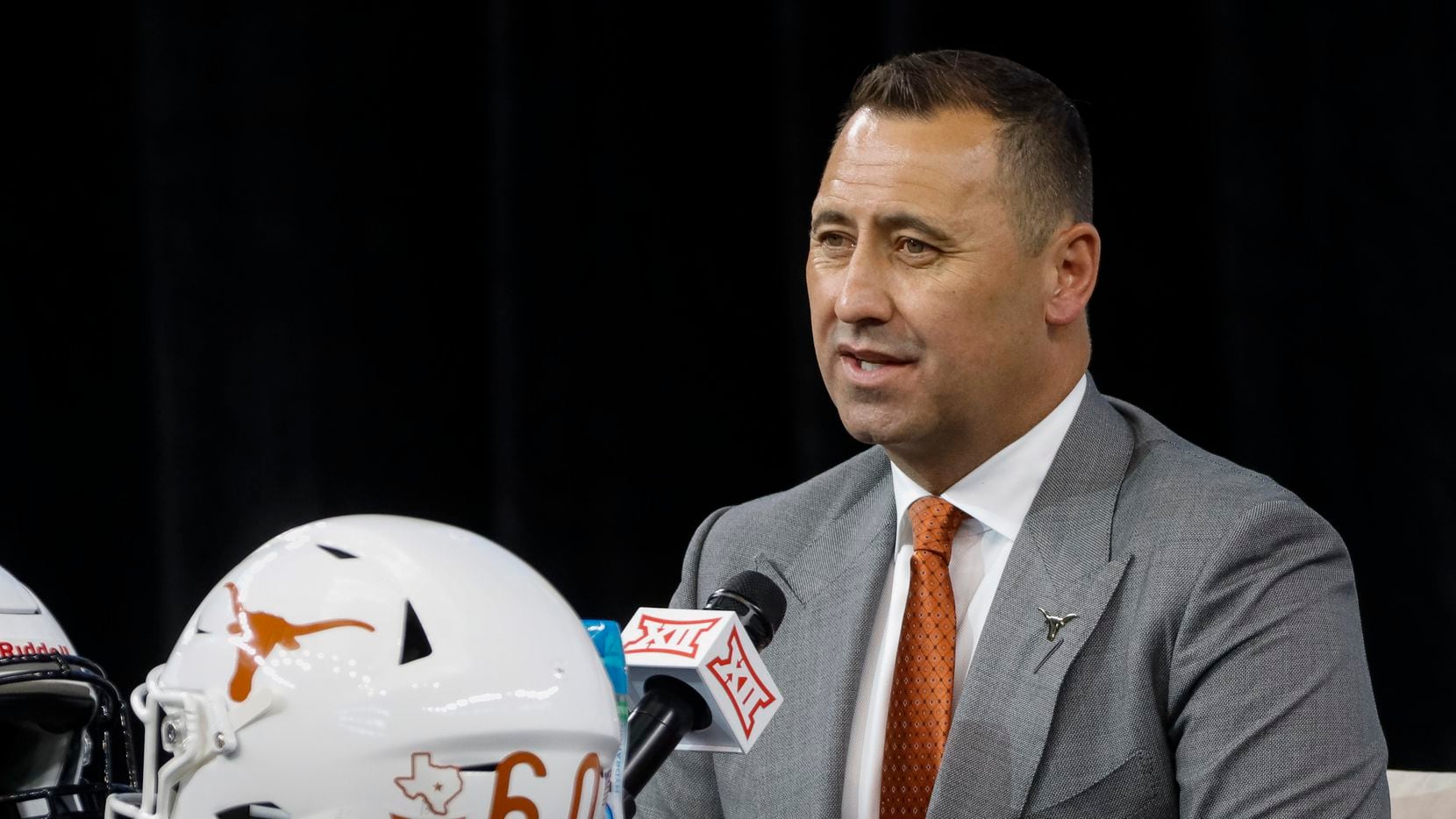 Texas head football coach Steve Sarkisian speaks during the Big 12 Conference Media Days at...
