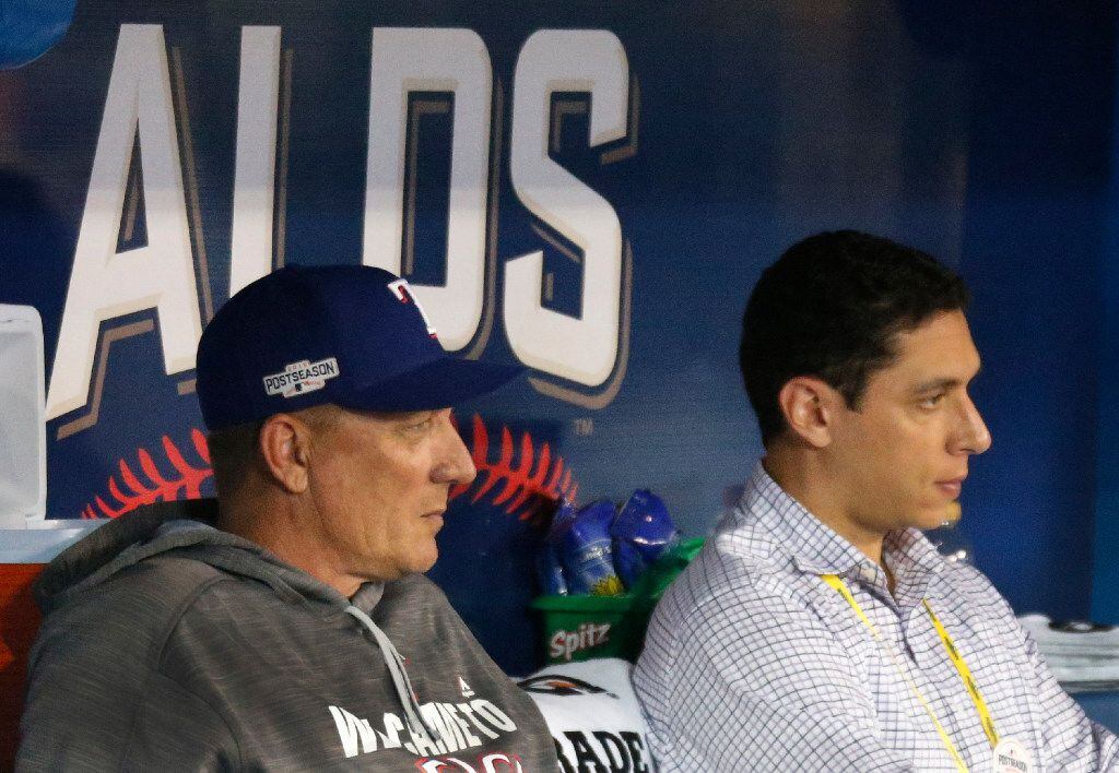 Texas Rangers manager Jeff Banister, left, and general manager Jon Daniels are pictured in...