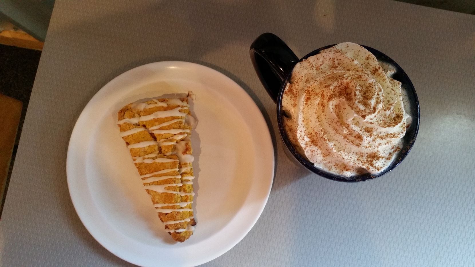 White Rock Coffee's hand-rolled pumpkin scone with sweet icing and pumpkin spice latte.