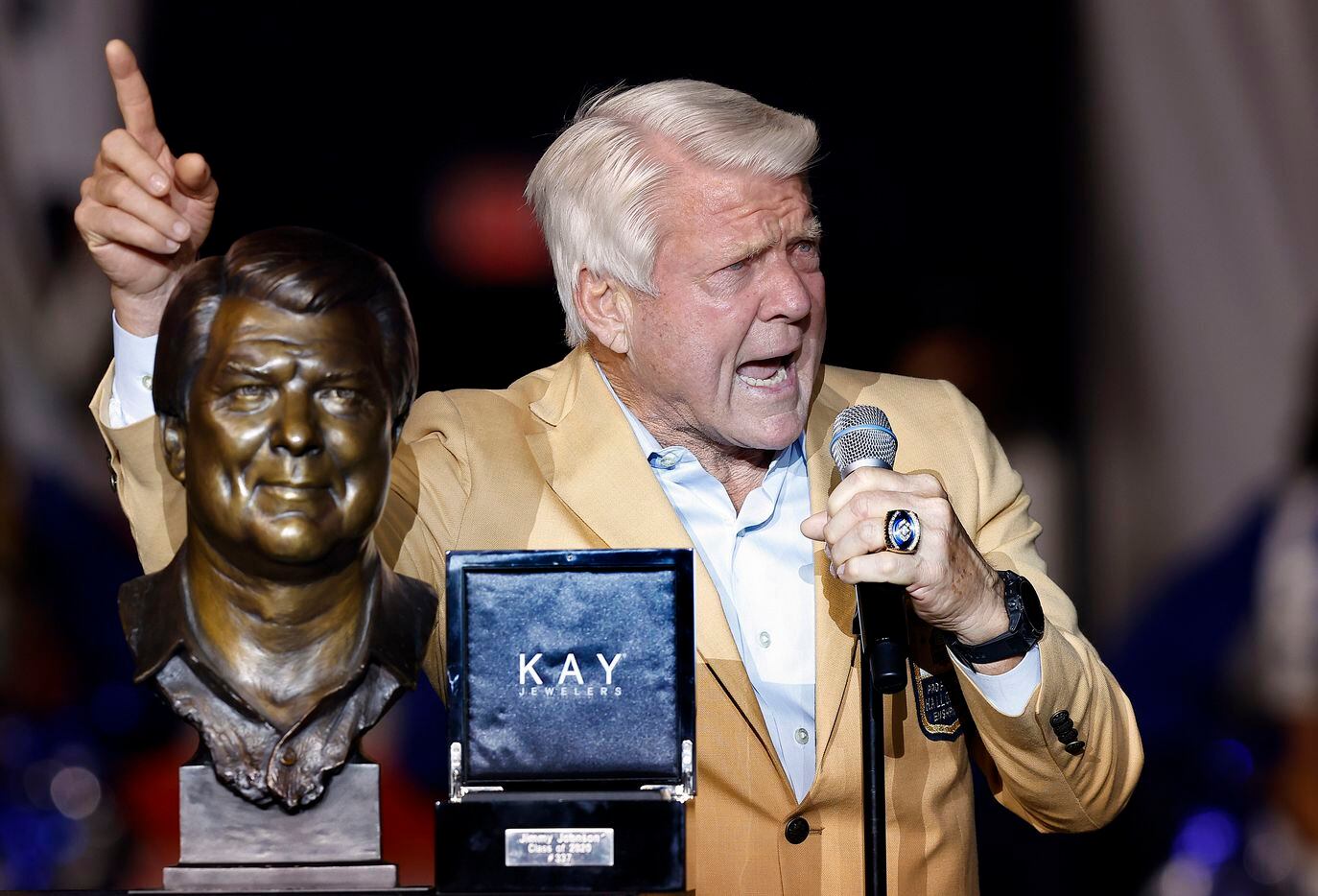 Former Dallas Cowboys head coach and Pro Football Hall of Famer Jimmy Johnson delivers his Hall ring ceremony speech during halftime of the Philadelphia Eagles game at AT&T Stadium in Arlington, Monday, September 27, 2021. (Tom Fox/The Dallas Morning News)
