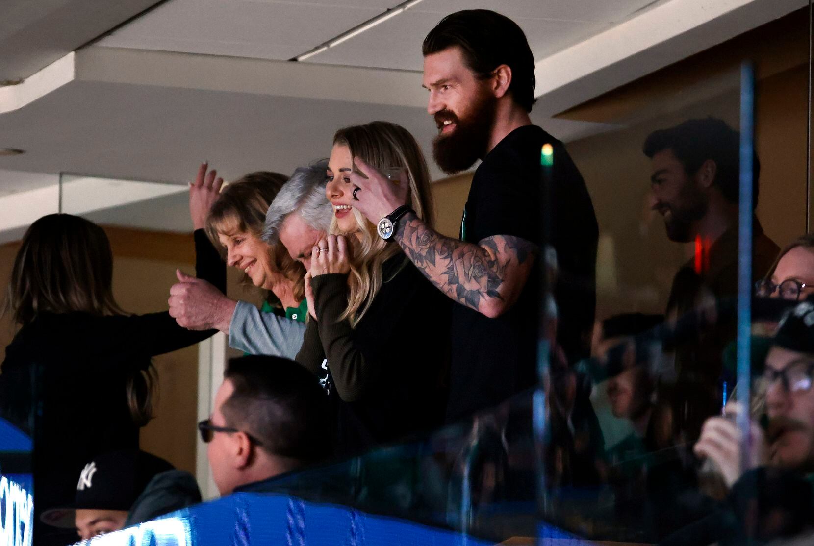 Dallas Stars Jamie Benn’s family react after being shown on the video board during the...