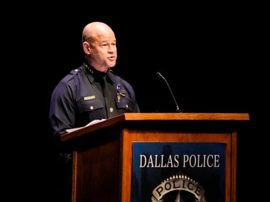Chief Eddie Garcia addresses police academy graduates during a Sept. 24 ceremony at Moody Performance Hall in Dallas.