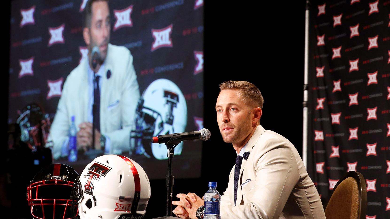 Texas Tech head football coach Cliff Kingsbury responds to questions from the media during...