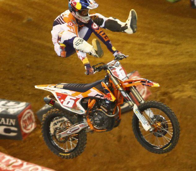 Supercross rider Ryan Dungey does a heel clicker move after winning the Monster Energy AMA...