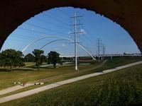 Large electrical transmissions lines are pictured along the Trinity River levee and Margaret...