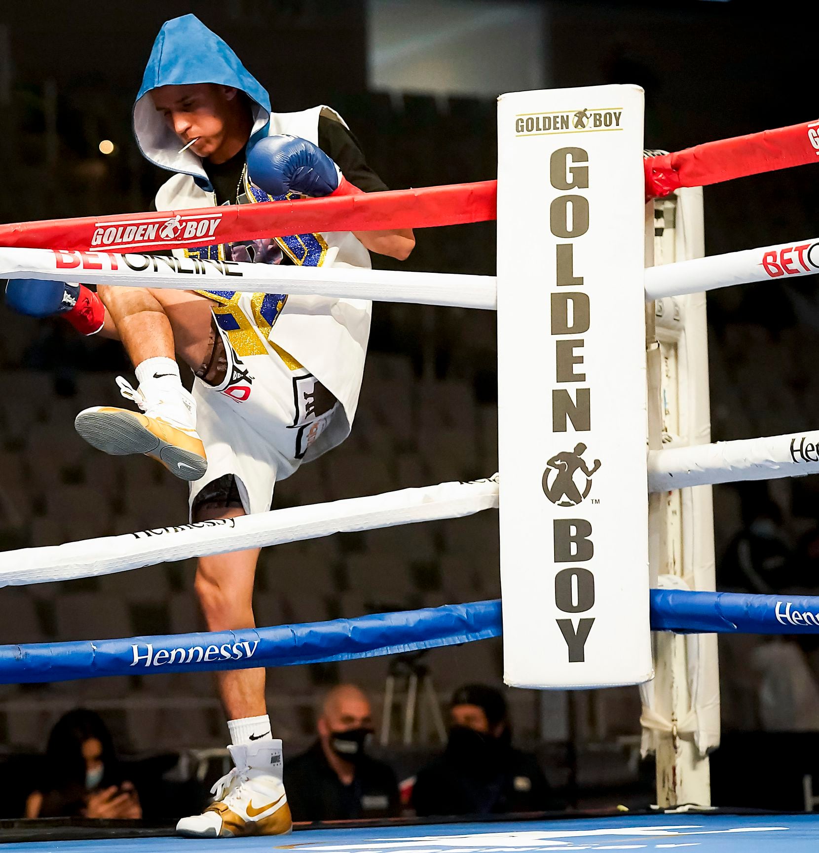 Hector Valdez (steps into the ring to fight Alberto Torres in a super bantamweight bout at Dickies Arena on Saturday, March 20, 2021, in Fort Worth.
