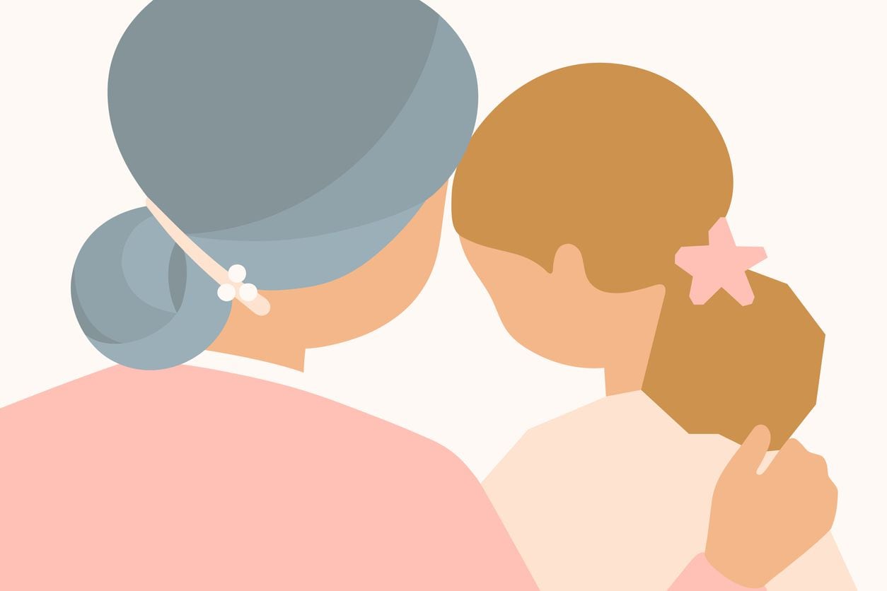 Little girl sharing a special moment with her grandma. Over the shoulder view. Flat vector illustration.