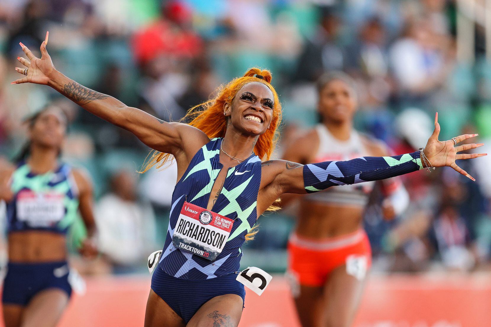 Sha'Carri Richardson celebrates winning the Women's 100 Meter final last year on day two of the 2020 U.S. Olympic Track & Field Team Trials in Eugene, Oregon.