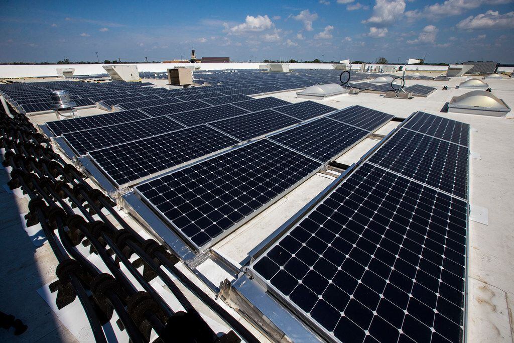 About 2,800 large format solar panels that have been installed on the roof of a new IKEA store on Tuesday, September 19, 2017 at the northeast corner of Interstate 20 and Texas 161 in Grand Prairie. The panels will produce approximately 2,000,000 kWh of electricity per year for the store. (Ashley Landis/The Dallas Morning News) 
